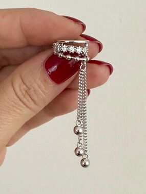 Platinum Plated CZ Ear Cuff with Elegant Dangle Chain Drop | No Piercing